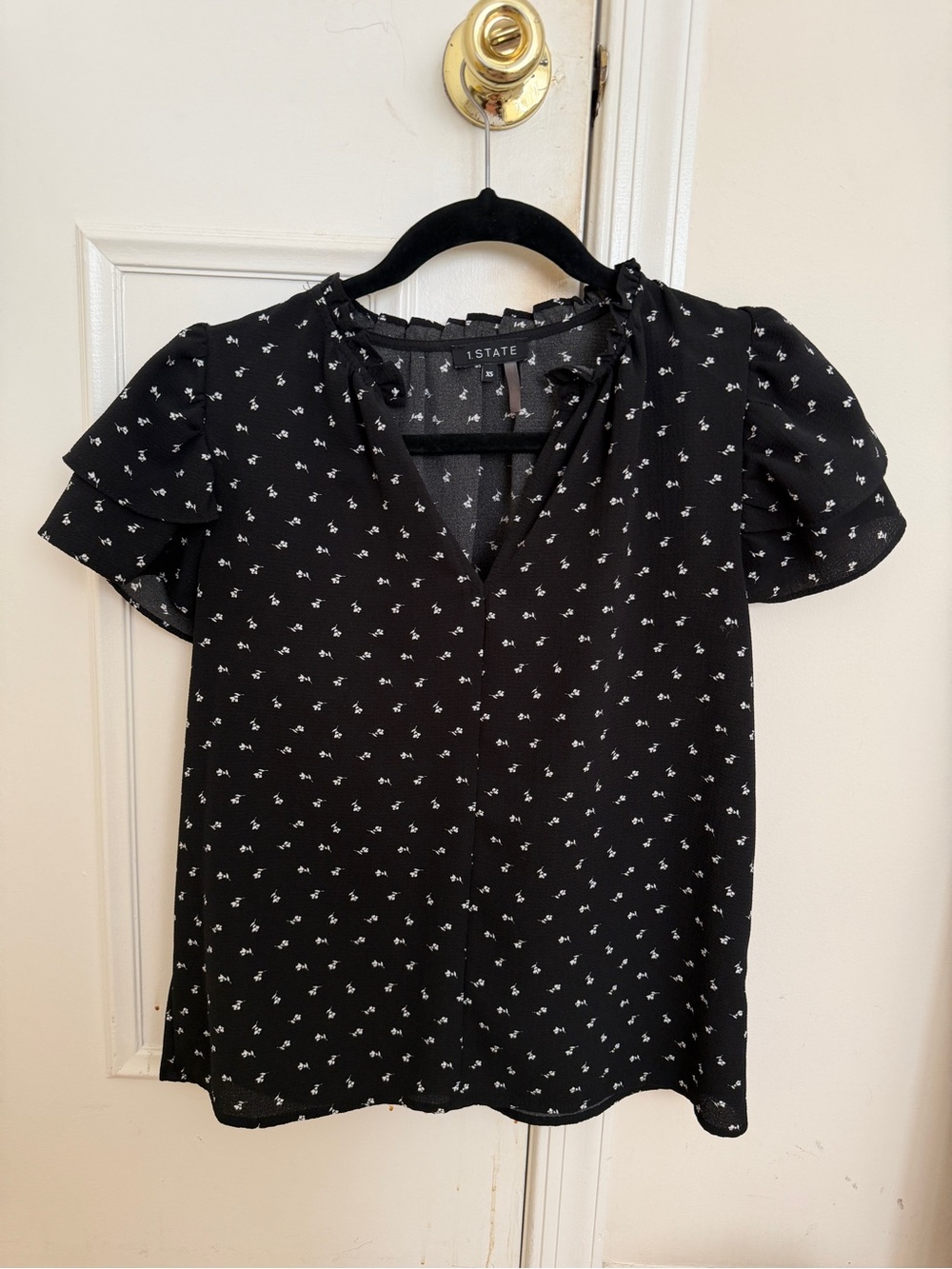 1. State Black Printed Puff Sleeve V-Neck Blouse